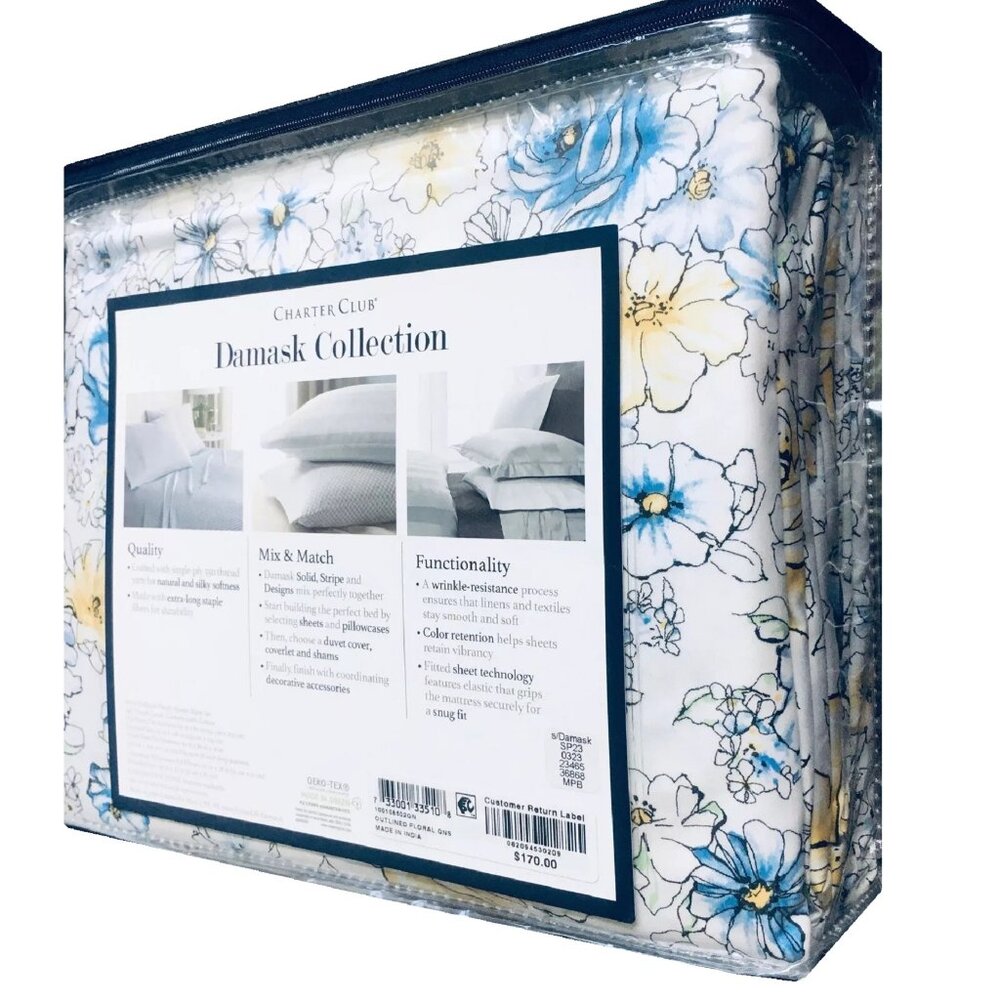 new Outlined Floral Cornflower Charter Club Solid 550 TC Cotton QUEEN Sheet Set - Picture 5 of 13